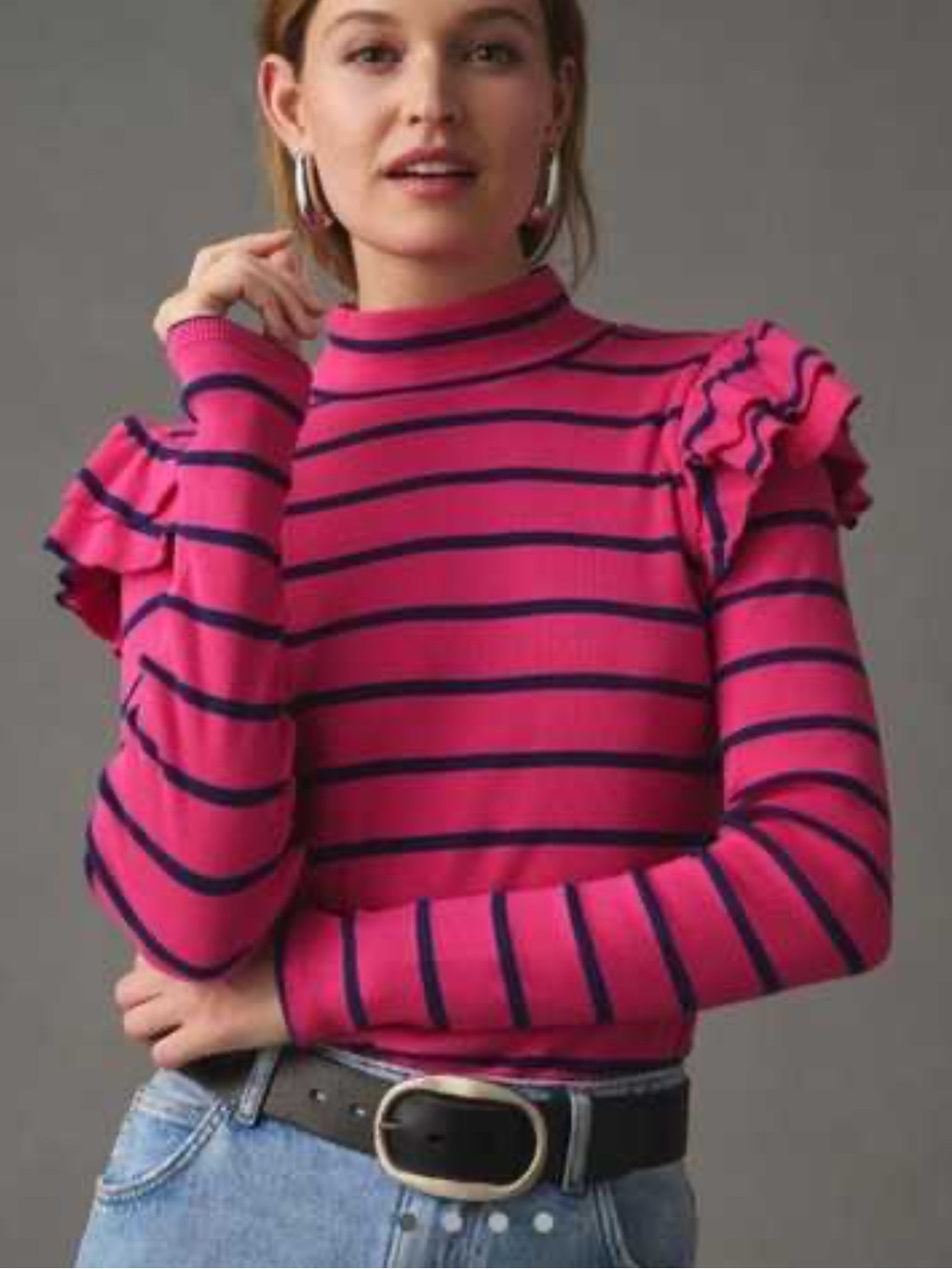ANTHRO T.LA Barbie Pink Fitted Ruffle Shoulder Ribbed Cozy Turtleneck Sweater